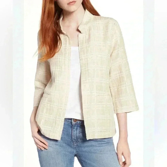 Eileen Fisher Organic Cotton Linen Collared Blazer Jacket Ivory Size Medium - Picture 1 of 8